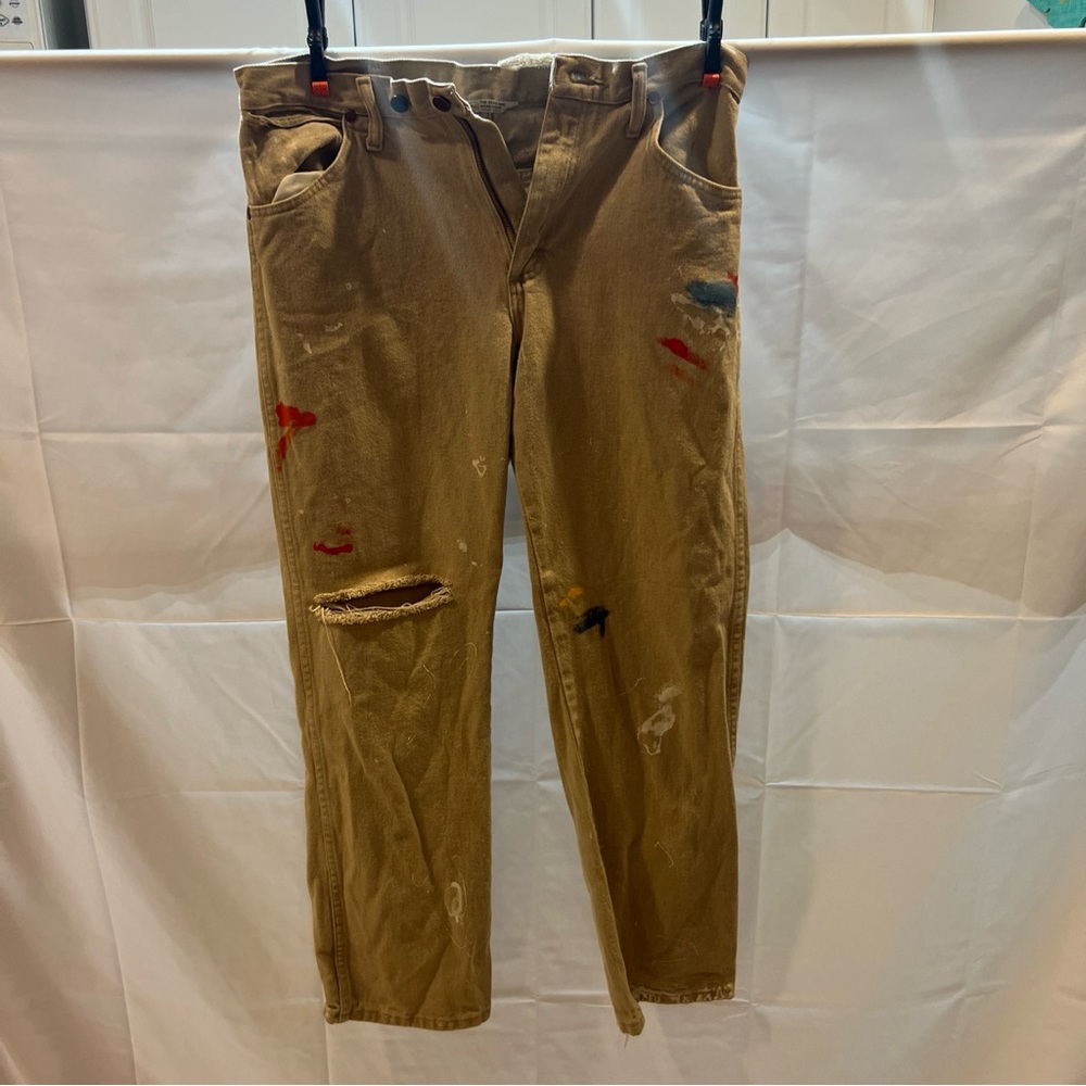 Hand Painted & Thrashed Canvas Tan Pants with Paint Accents
